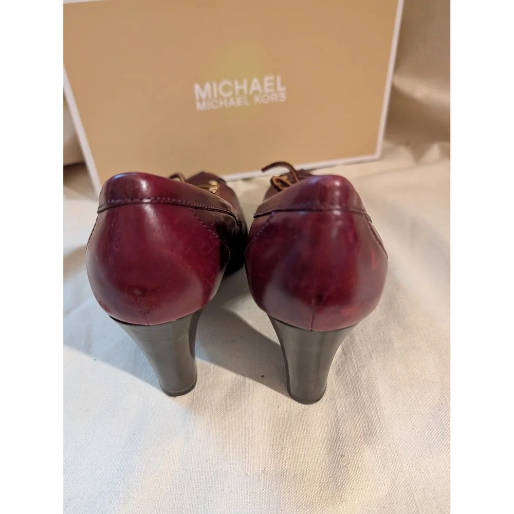 Michael Kors Burgundy Leather Lace Up Block Heel Pumps Lug Sole Womens 8.5M